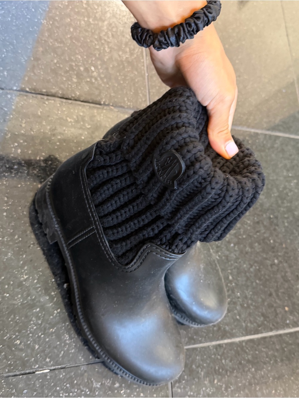 Black Knit Cuff Rain Boots - Stylish Waterproof Slip-On